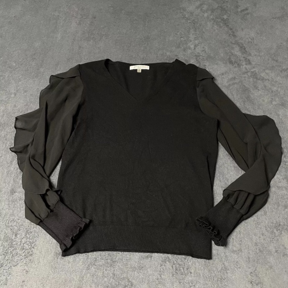 Siani Milano Sweater Womens M Black Tiered Ruffle Lace Sheer Sleeves V-neck Top